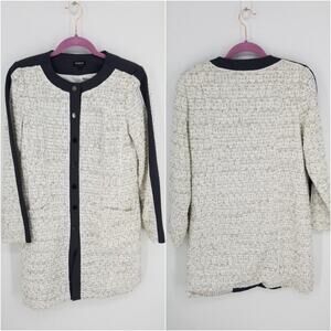 Worth Tweed Long Topper Blazer Jacket S Cream Black Collarless Ponte Knit Panels